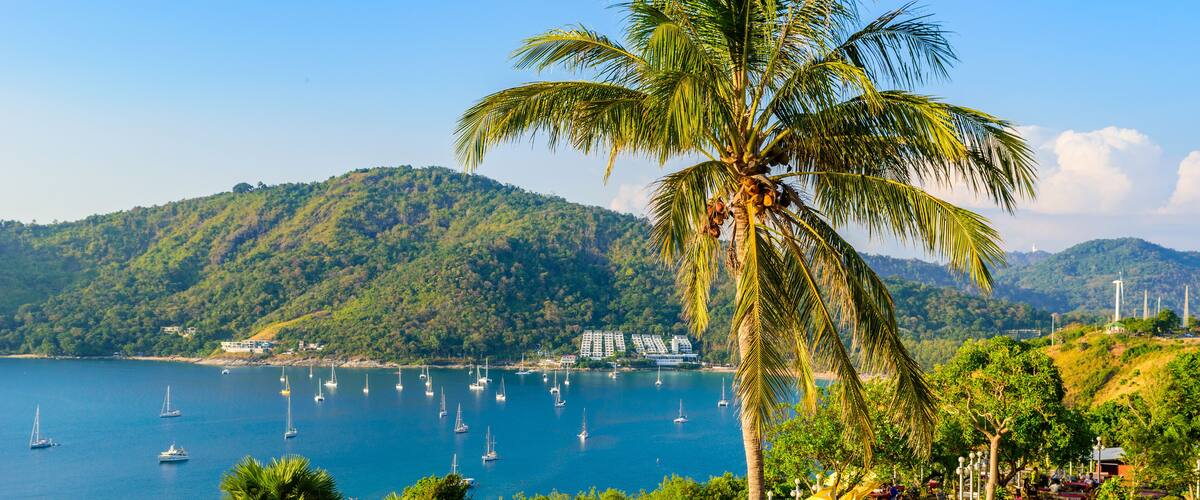 Phromthep cape viewpoint at sunset in Phuket, beautiful coast scenery on tropical island with paradise beaches, Thailand