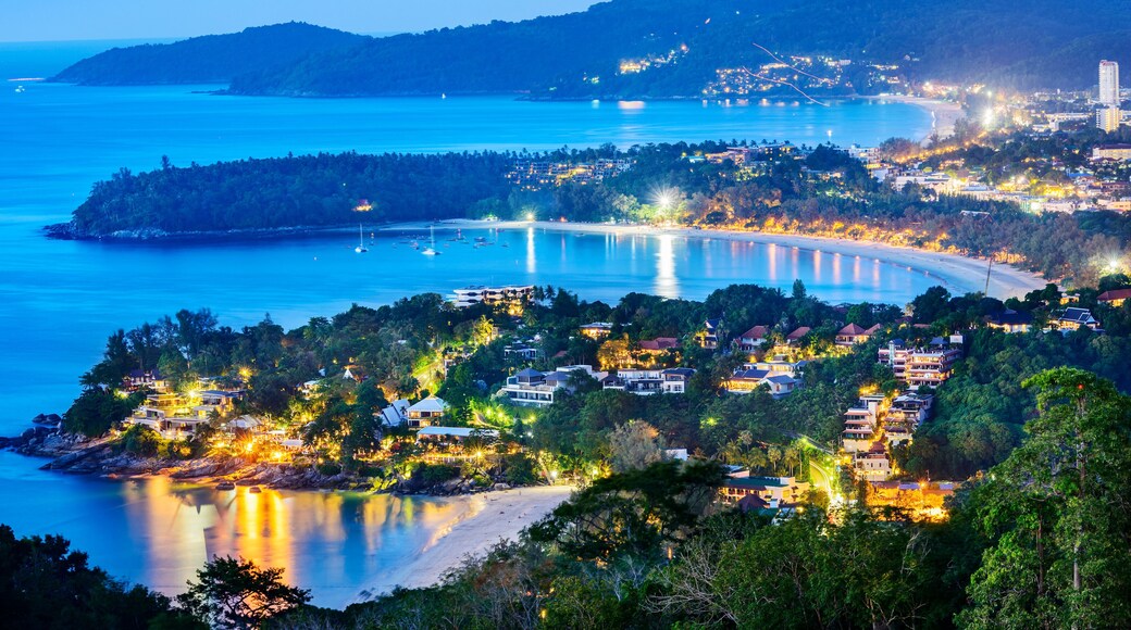 Phuket at dusk, Patong Beach, Karon Beach, Kata Beach, Taken from Karon Viewpoint. Phuket, Thailand.