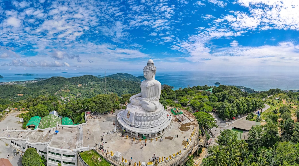 Wide angle view of the Big White Buddha, Phuket, a landmark of Thailand. Copy the area above the sky.