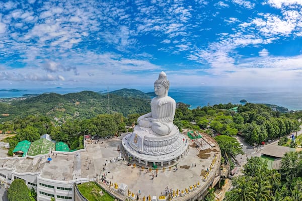 Wide angle view of the Big White Buddha, Phuket, a landmark of Thailand. Copy the area above the sky.