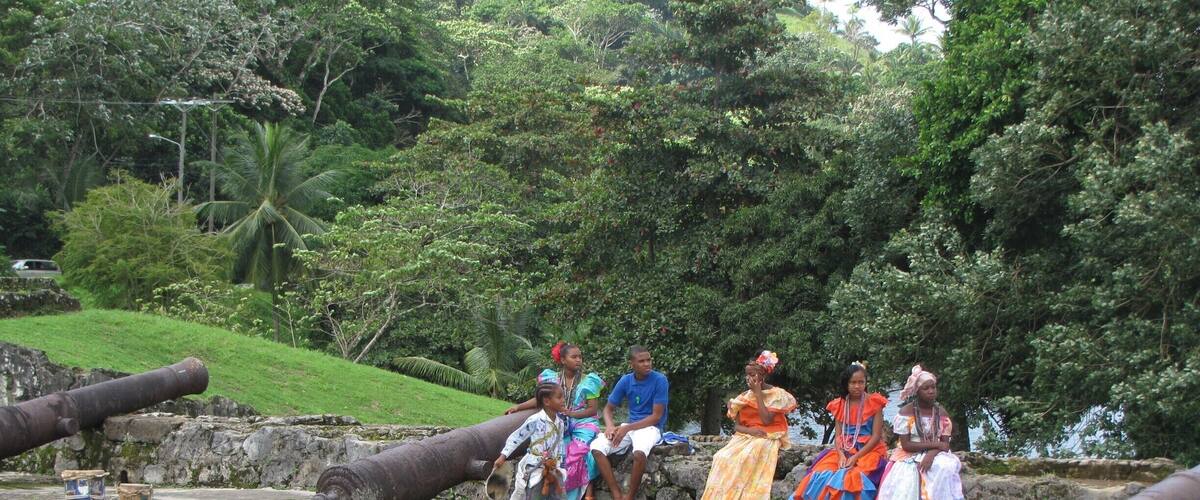 Colorful costumes of the local indigenous peoples at the old Portobelo forts. The forts date back 500 years!