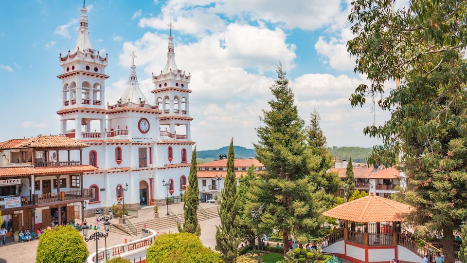 Beautiful Church of San Cristobal seen from a balcony at Mazamitla town in Jalisco, Mexico