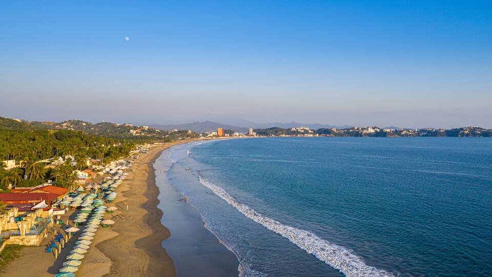 A coastal beach with umbrellas, palm trees, and a clear sky.