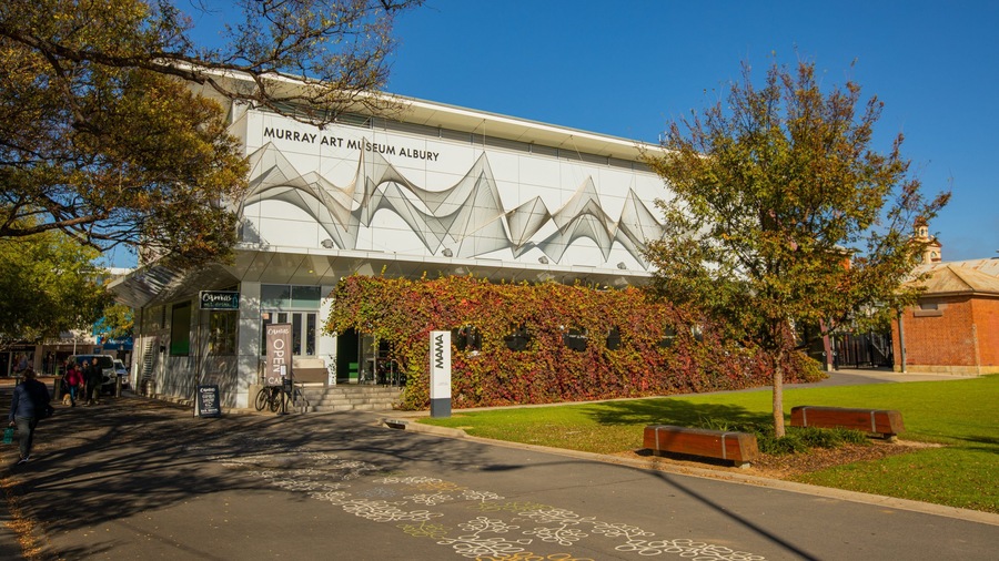 Edifício do Museu de Arte Murray Albury com design arquitetônico único, rodeado por árvores e área gramada.