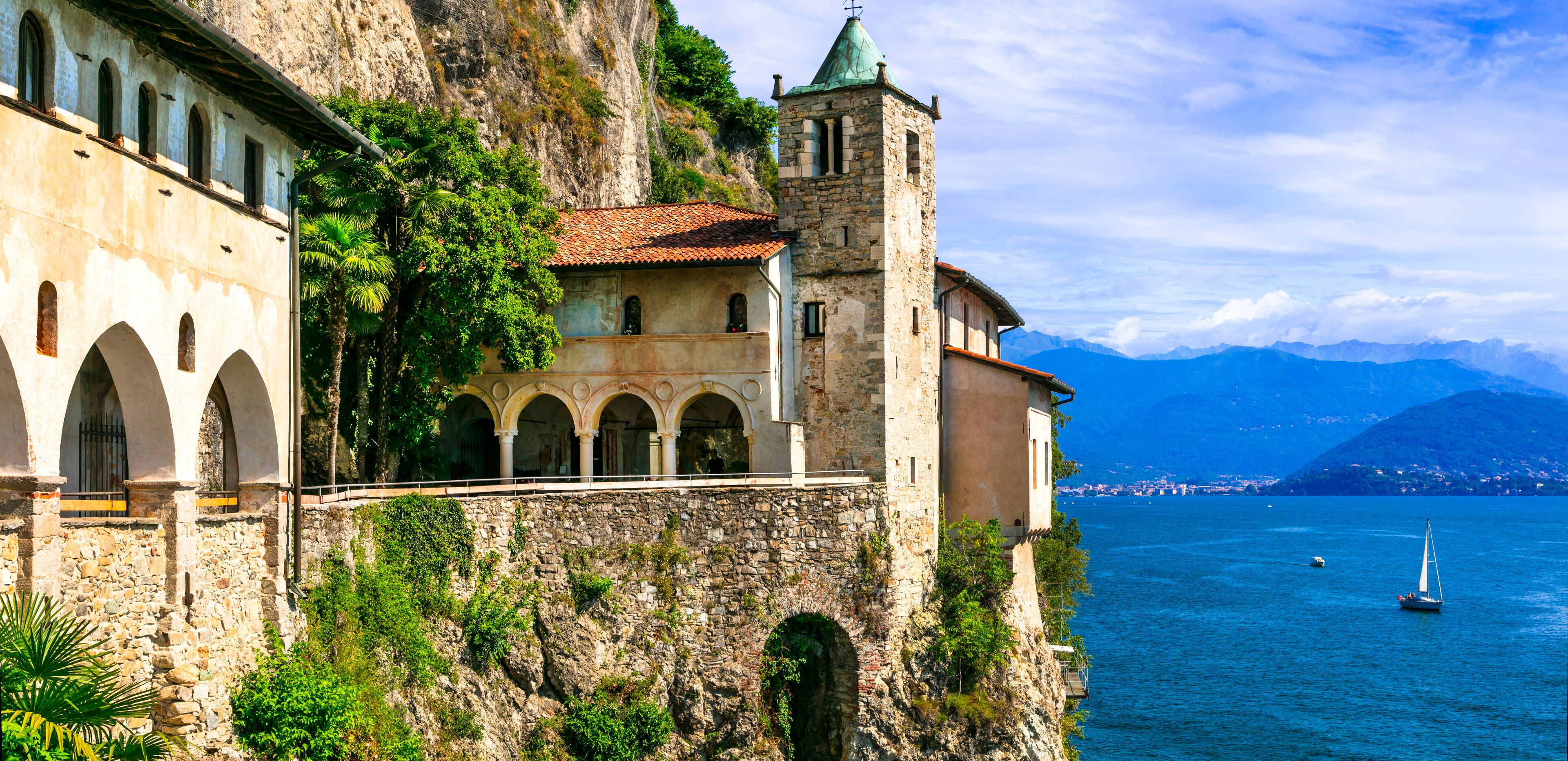 Picturesque monastery Eremo di santa Caterina , beautiful  lake Lago Maggiore. Italy ,Northern part