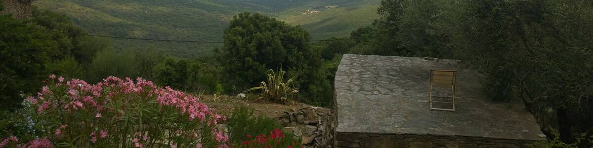 Une maison en pierre avec une petite fenêtre, entourée d’une végétation luxuriante et de collines.