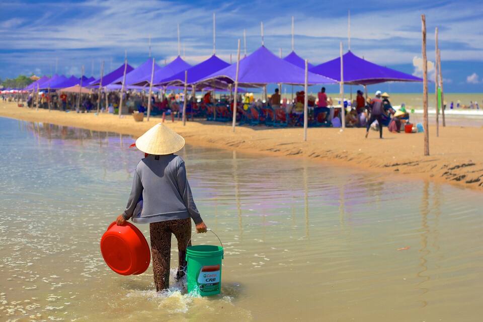 A beach with purple tents and people in the water.