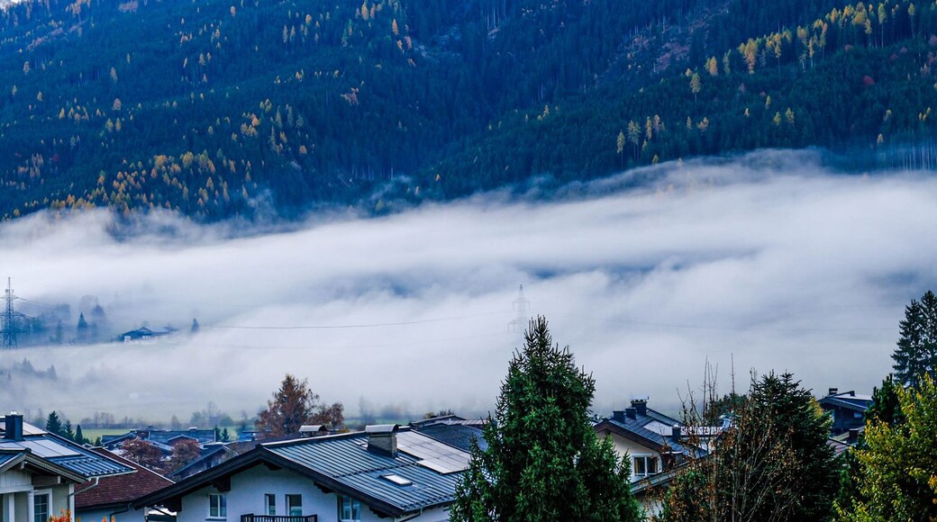 The village of Neukirchen am Grossvenediger in Austria, shrouded in morning fog