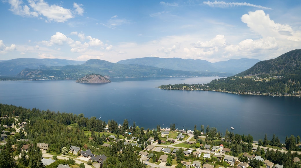 Aerial panoramic view of a little town, Blind Bay, during a vibrant sunny summer day. Taken in the Interior BC, Canada.