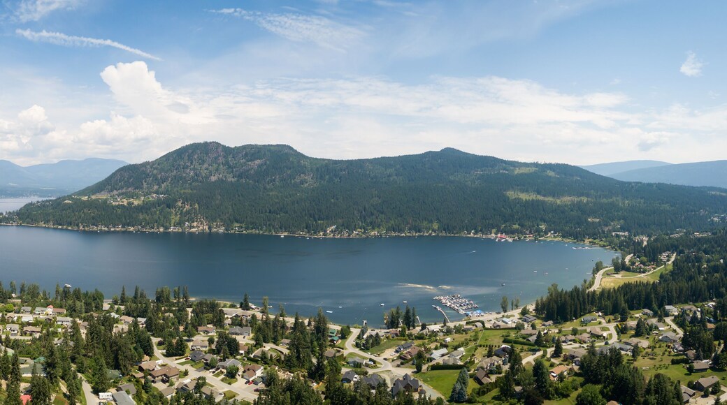 Aerial panoramic view of a little town, Blind Bay, during a vibrant sunny summer day. Taken in the Interior BC, Canada.