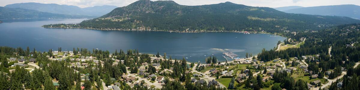 Aerial panoramic view of a little town, Blind Bay, during a vibrant sunny summer day. Taken in the Interior BC, Canada.