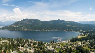 Aerial panoramic view of a little town, Blind Bay, during a vibrant sunny summer day. Taken in the Interior BC, Canada.