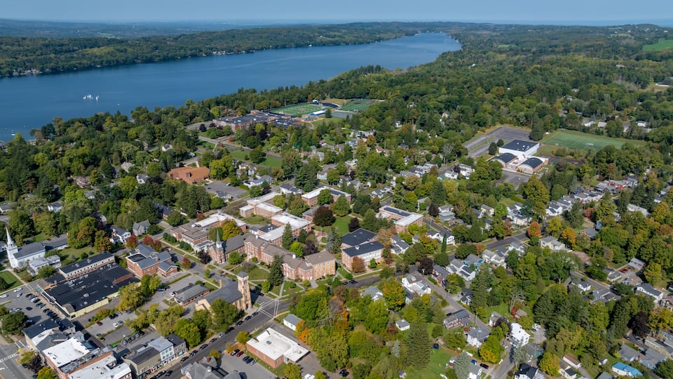 Aerial photo of Cazenovia Lake located in Town of Cazenovia, Madison County, New York, September 2024.