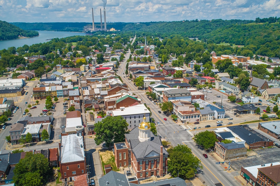 Aerial View of Madison Indiana and the Ohio River. Beautiful scenic little vacation town