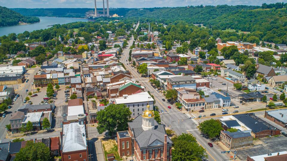 Aerial View of Madison Indiana and the Ohio River. Beautiful scenic little vacation town
