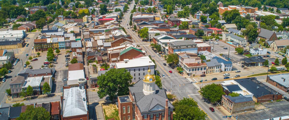 Aerial View of Madison Indiana and the Ohio River. Beautiful scenic little vacation town