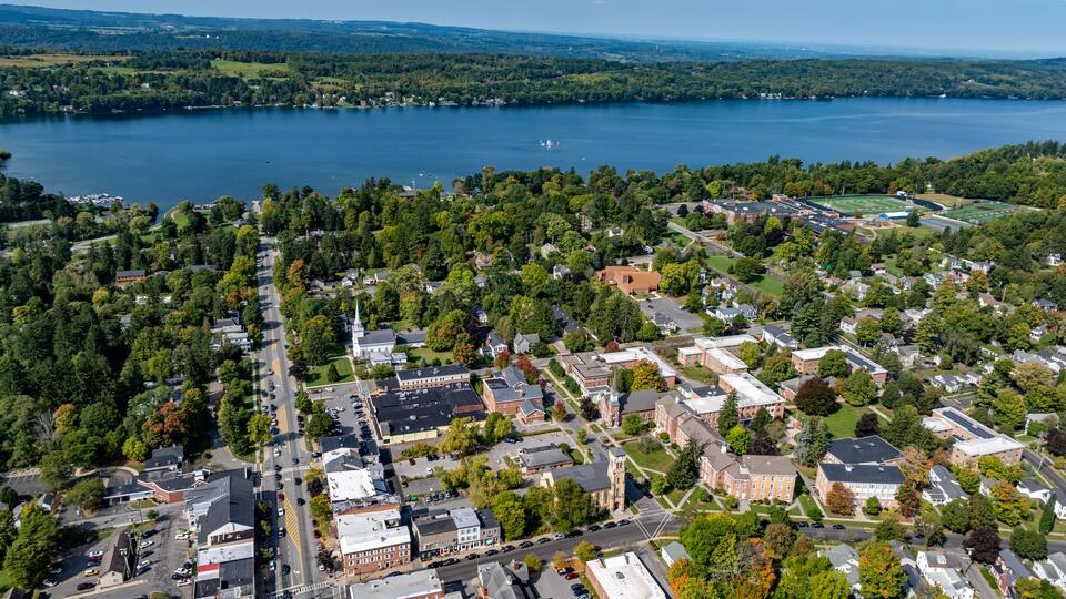 Aerial photo of Cazenovia Lake located in Town of Cazenovia, Madison County, New York, September 2024.