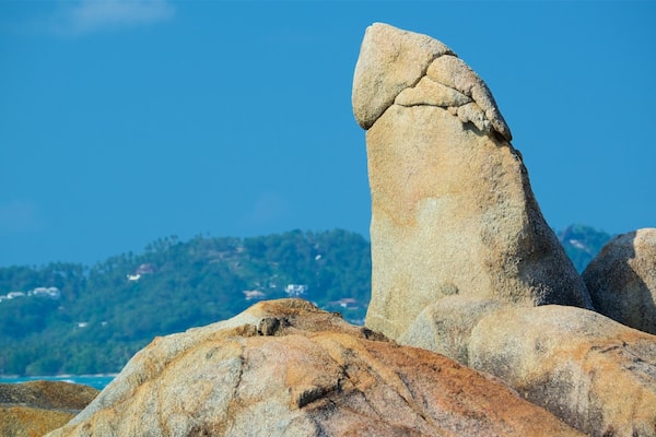 A prominent rock formation with a pointed peak, surrounded by other large boulders and a backdrop of a forested hill with houses.