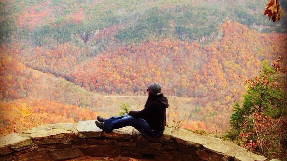 A person sitting on a stone bench overlooking a forested valley with autumn foliage.