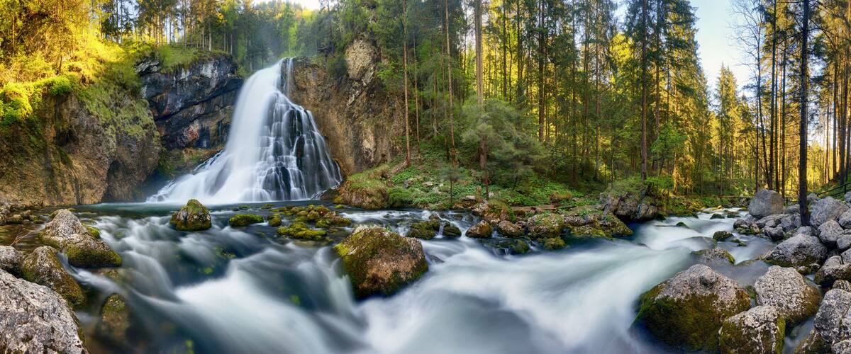 Waterfall in the forest, Austria landscape panorama