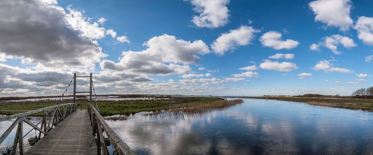 Kong Hans suspension bridge in Skjern meadows Ringkoebing, Denmark