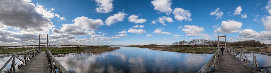 Kong Hans suspension bridge in Skjern meadows Ringkoebing, Denmark