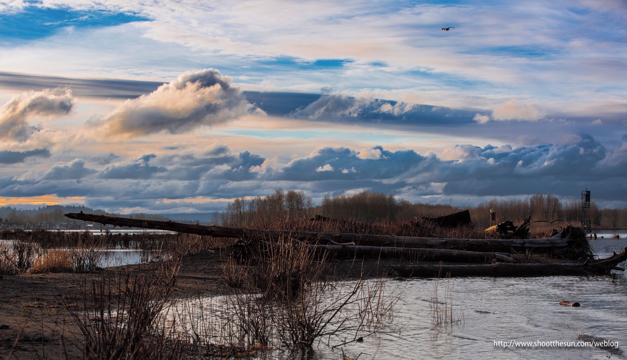 Clouds rolling by in front of the setting sun.