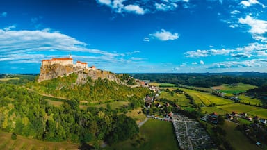 Aerial Panoramic View of Riegersburg Castle Amidst Lush Austrian Landscape