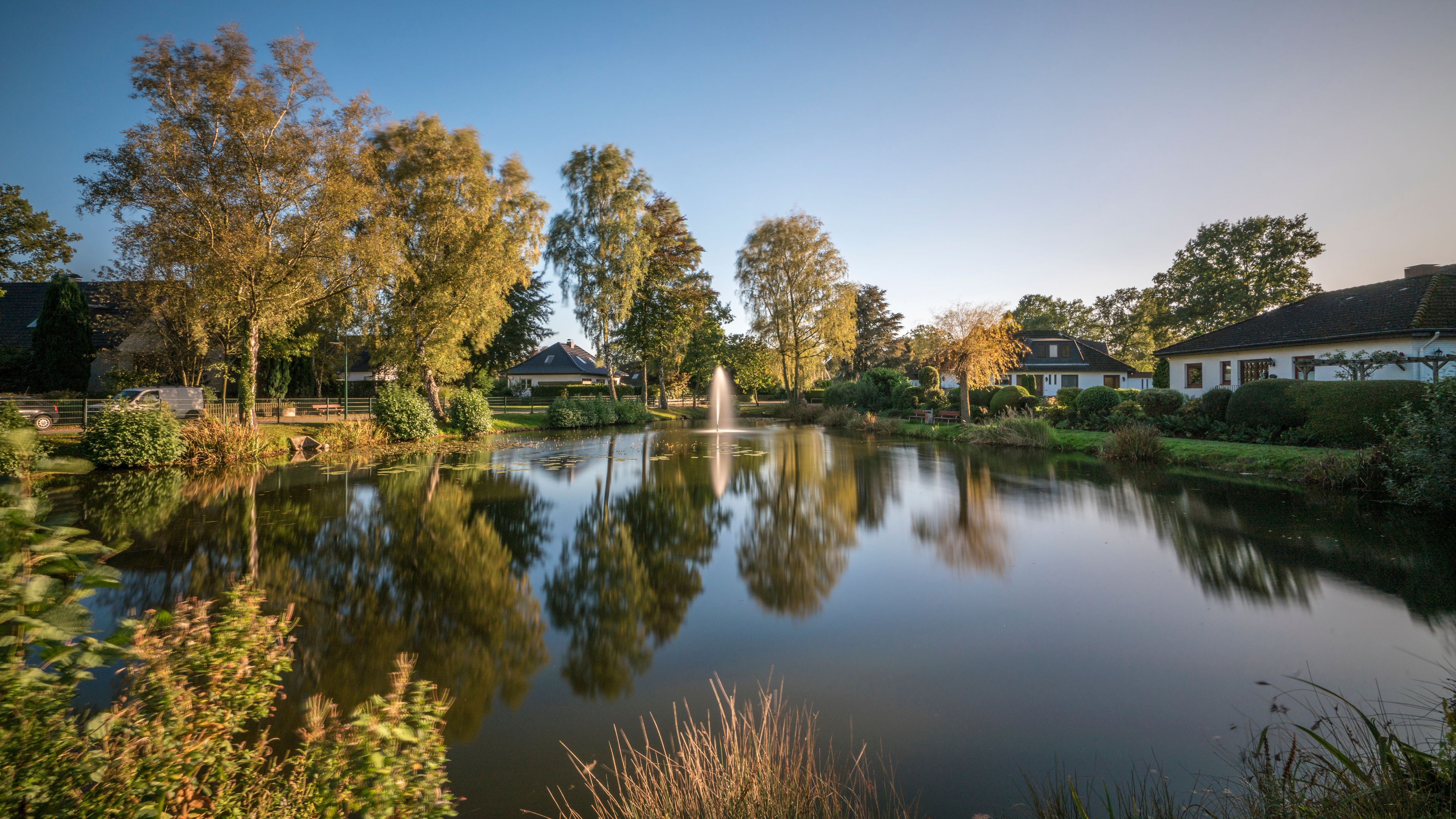 A tranquil pond with a fountain, surrounded by lush trees and residential houses.