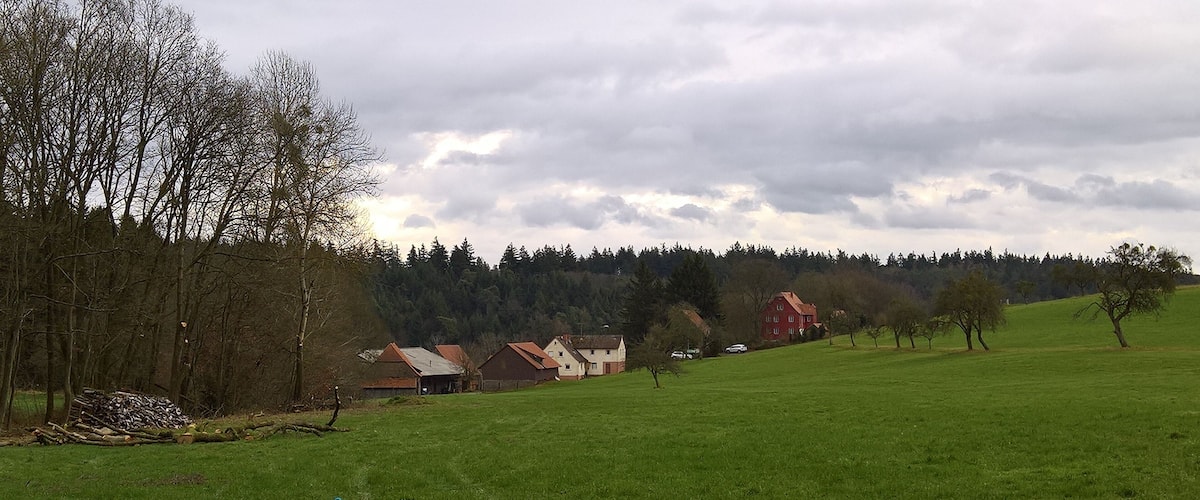A rural landscape with a green field, a red house, and a forest in the background.