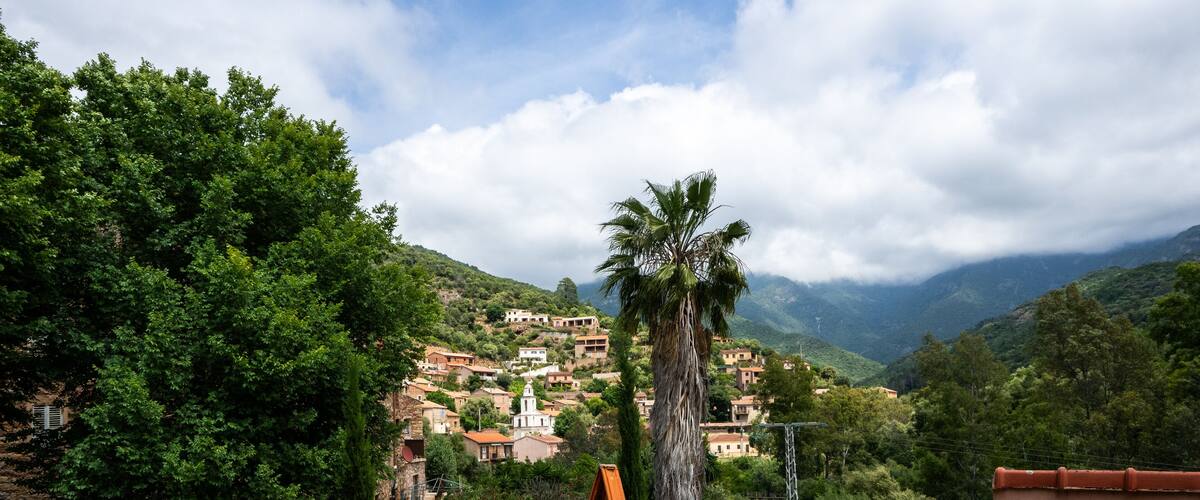 A terracotta-tiled roof, a palm tree, and a village nestled in a valley with mountains in the background.