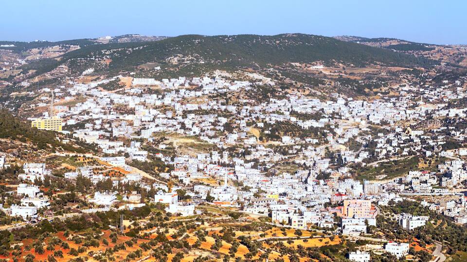 A coastal town with white buildings, green hills, and a clear sky.