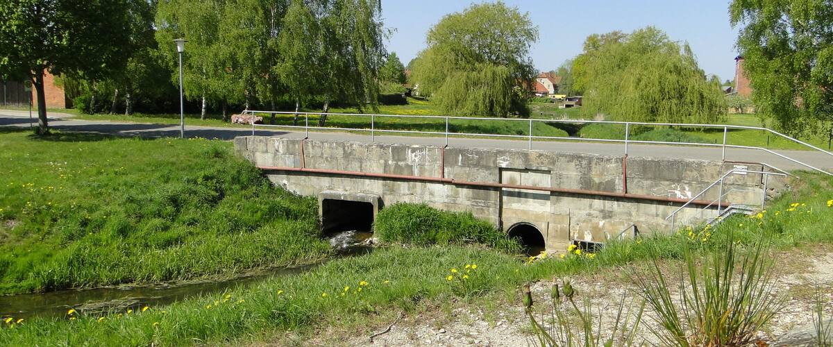 A concrete bridge over a small stream with grass and wildflowers on either side, surrounded by trees and a clear sky.