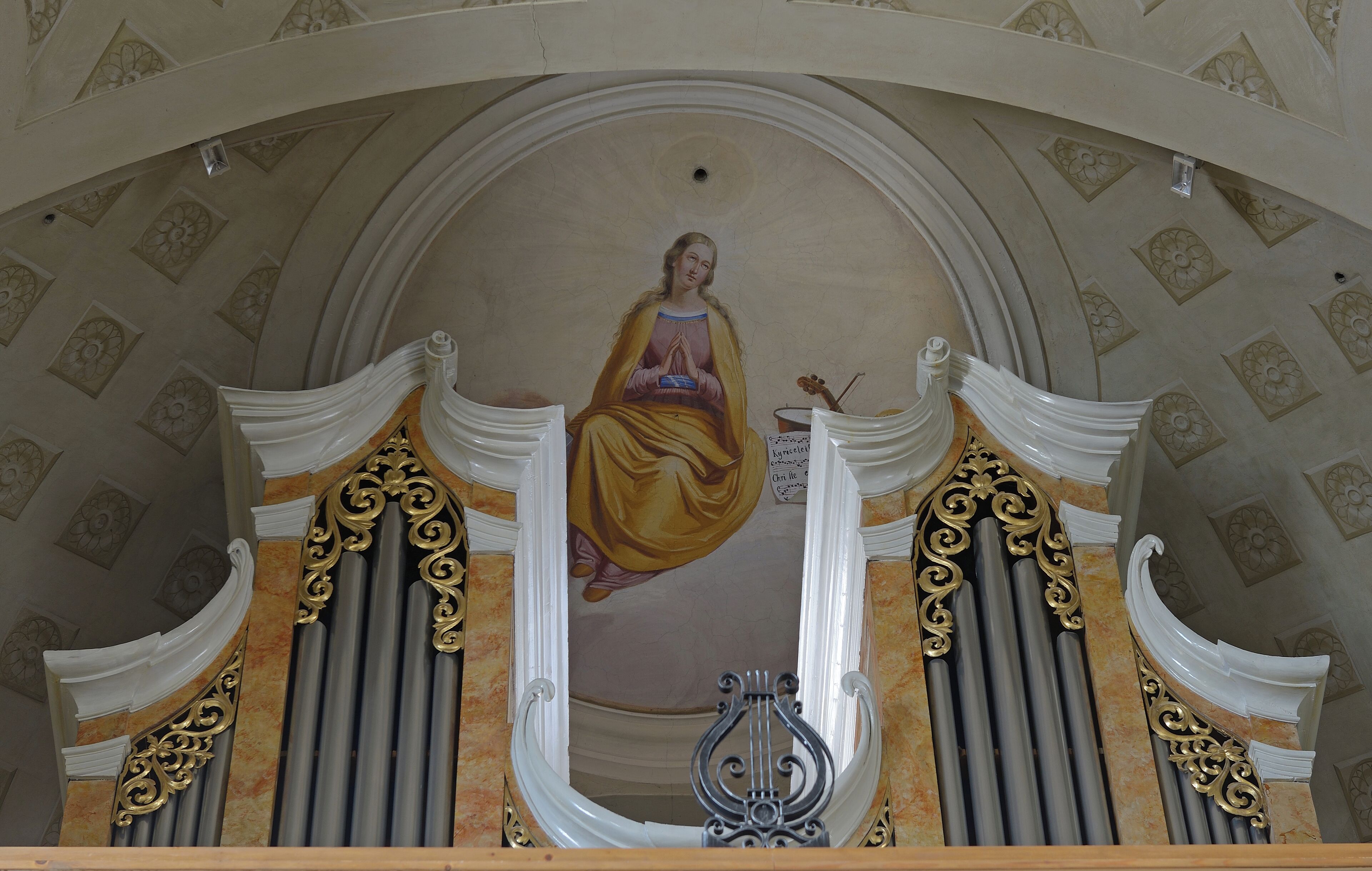 Fresco representing Saint Cecilia by Josef Arnold der Ältere and the Barocque organ (1845) in the parish church of Lajen (South Tyrol)