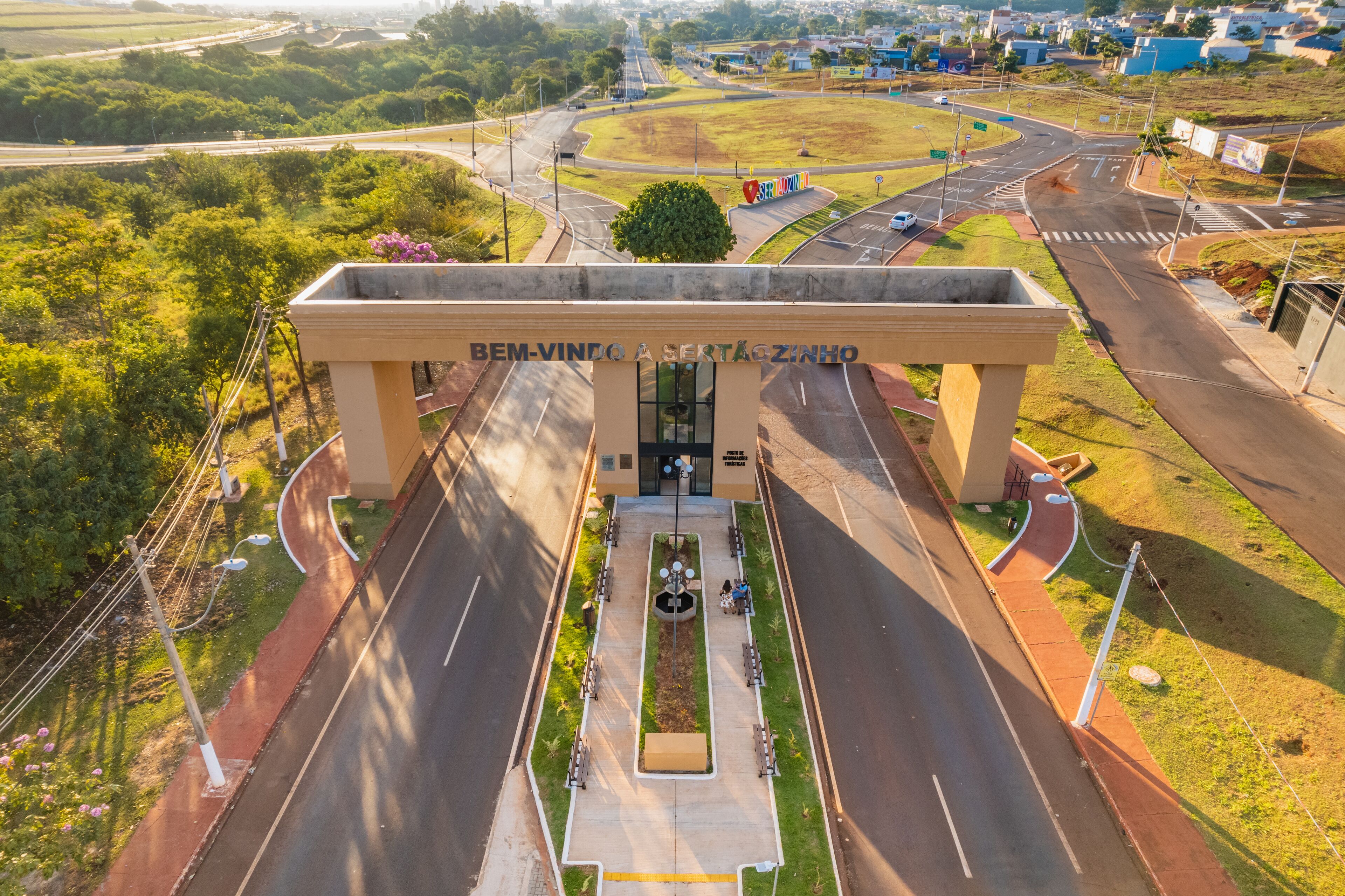 Sertaozinho, São Paulo / Brazil - Circa june 2022: Aerial image of the city of Sertaozinho, SP. monument i love sertaozinho
