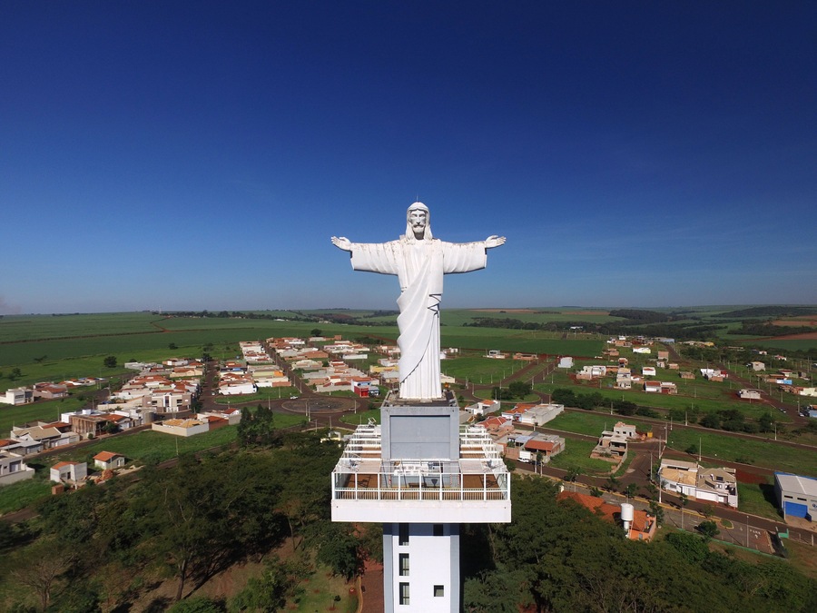 Aerial view of Christ the Redeemer in the city of Sertaozinho, Sao Paulo, Brazil