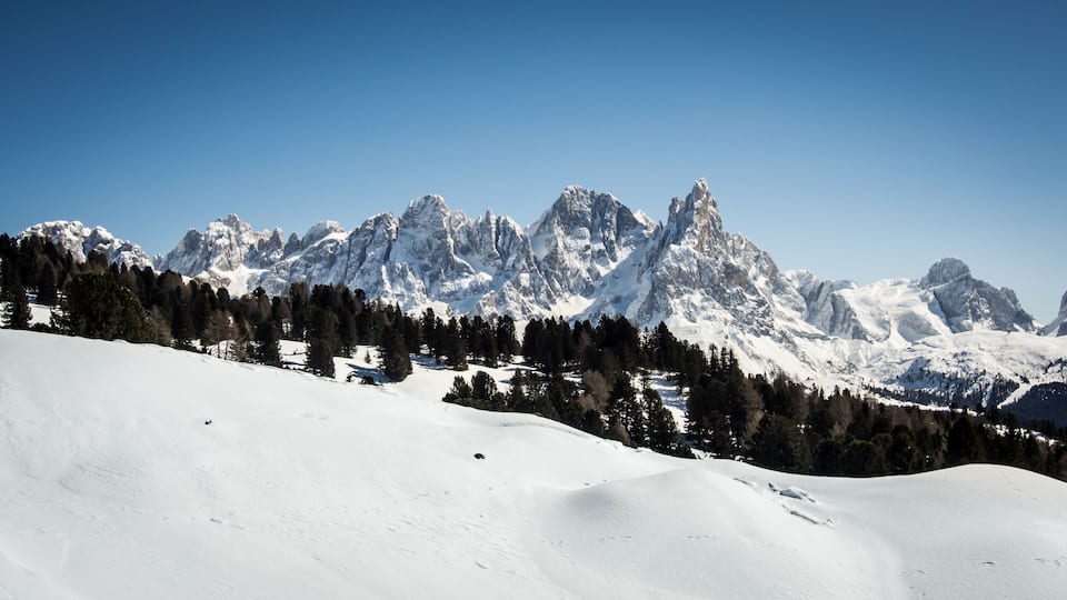 A snow-covered mountain range with sharp peaks and a forested valley.