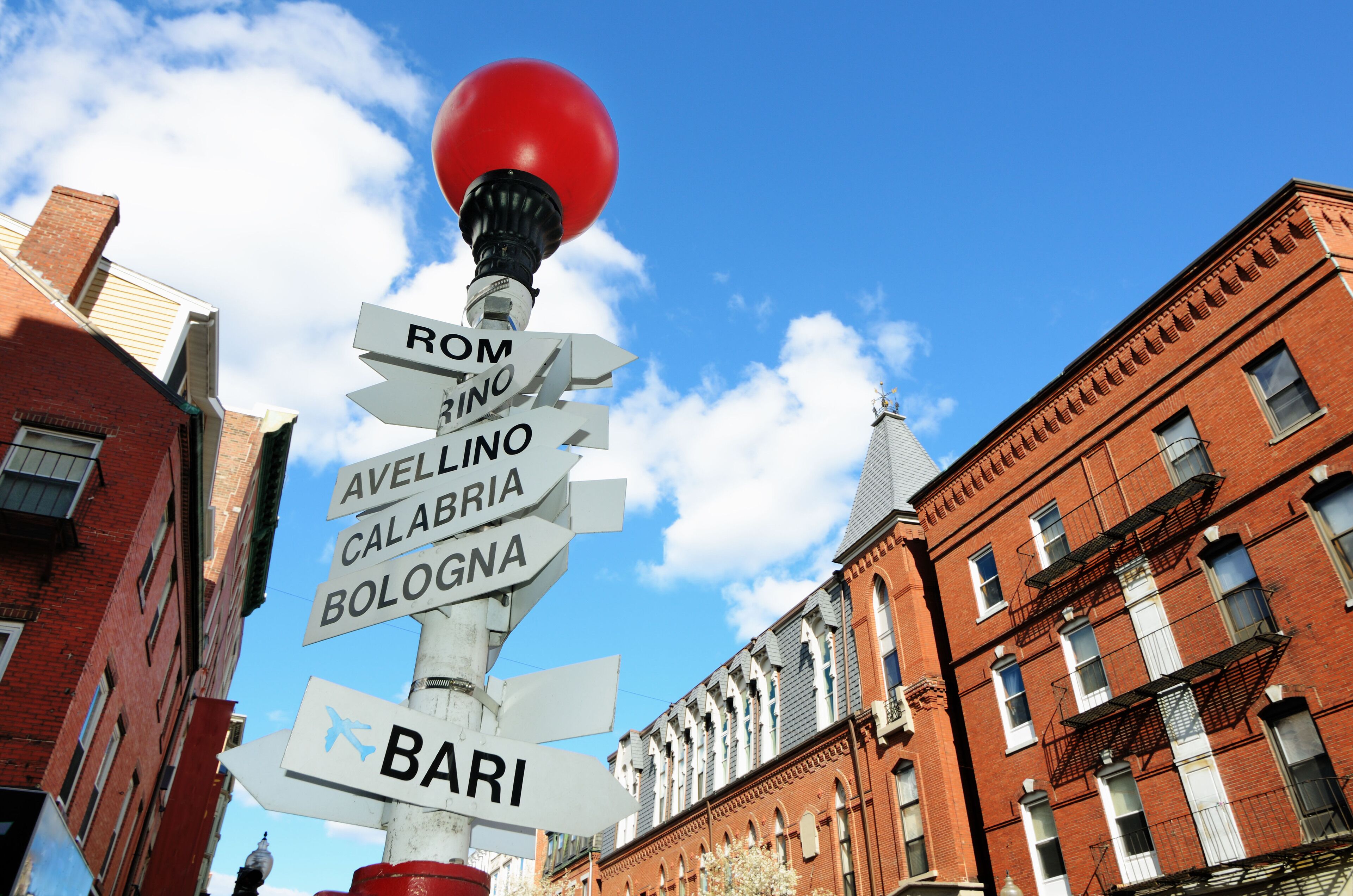 Sign depicting direction of different Italian Cities in the LIttle Italy  section of the North End of Boston, Massachusetts, USA.