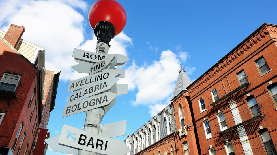 Sign depicting direction of different Italian Cities in the LIttle Italy section of the North End of Boston, Massachusetts, USA.