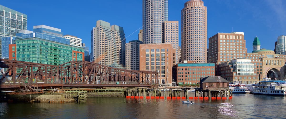 Seaport District which includes a city, a river or creek and a high rise building