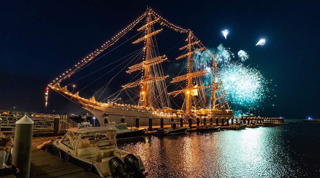 Seaport District featuring heritage elements, a bay or harbor and night scenes