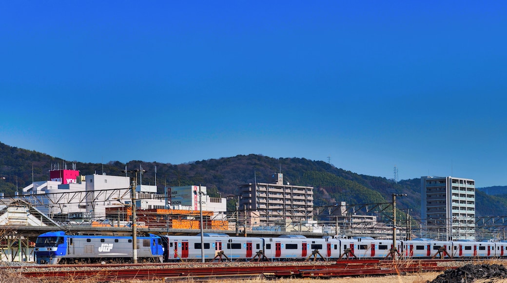 JR Freight Class EF210 electric locomotive EF210-901 hauling JR Kyushu 821 series EMU sets U001 (rear) and U002 (front) at Shinnan-yo Station on the Sanyo Main Line on delivery from the Hitachi factory in Kudamatsu, Japan