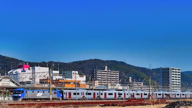 JR Freight Class EF210 electric locomotive EF210-901 hauling JR Kyushu 821 series EMU sets U001 (rear) and U002 (front) at Shinnan-yo Station on the Sanyo Main Line on delivery from the Hitachi factory in Kudamatsu, Japan