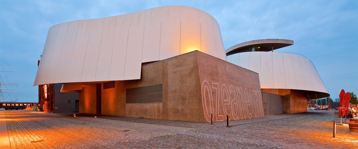 Ozeaneum which includes modern architecture and night scenes