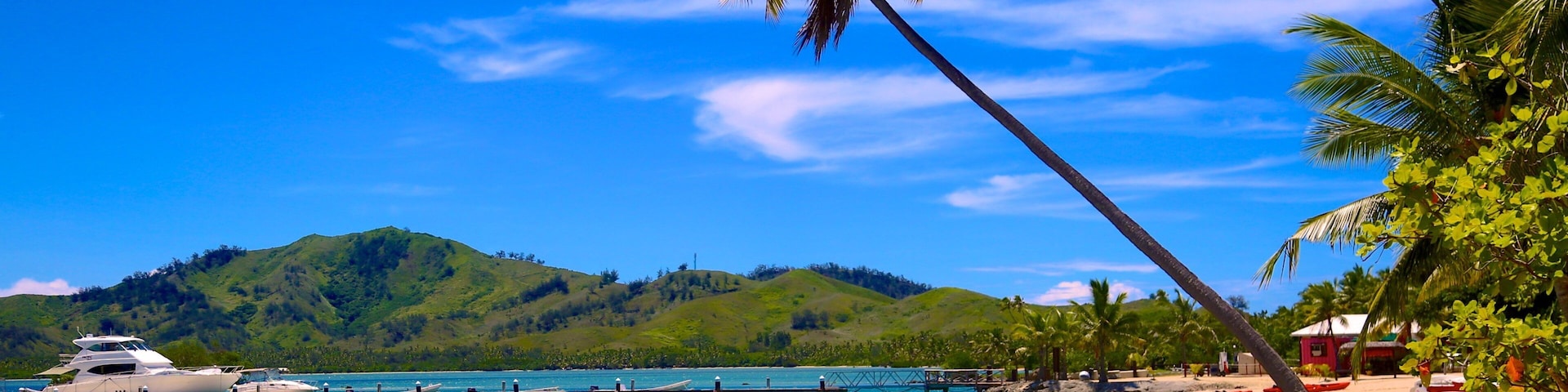 Musket Cove Marina featuring tropical scenes and a sandy beach as well as an individual femail