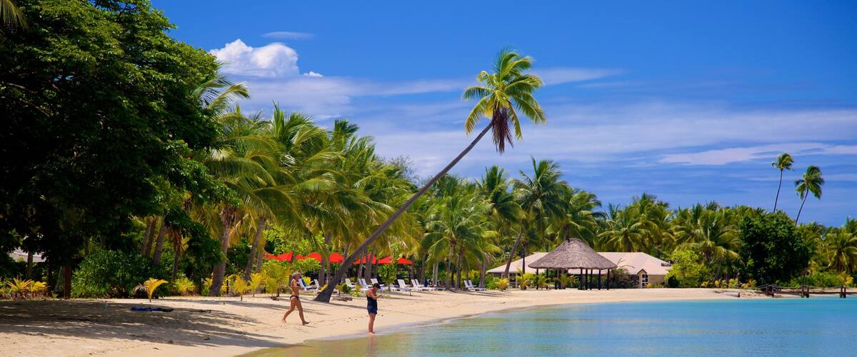 Una playa tropical con agua turquesa cristalina, palmeras y una cabaña de techo de paja.