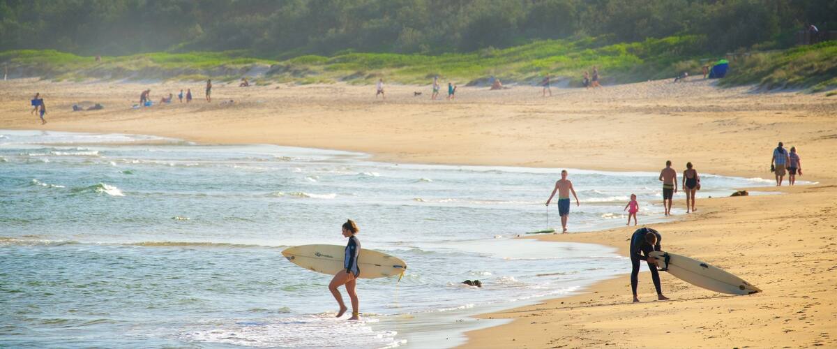 A beach with people walking and surfing, surrounded by greenery.