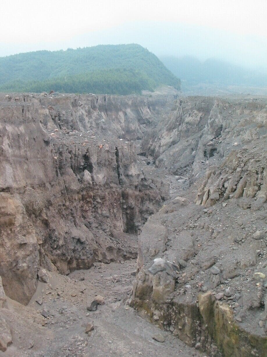 Um cânion acidentado com penhascos íngremes e uma colina arborizada ao fundo.
