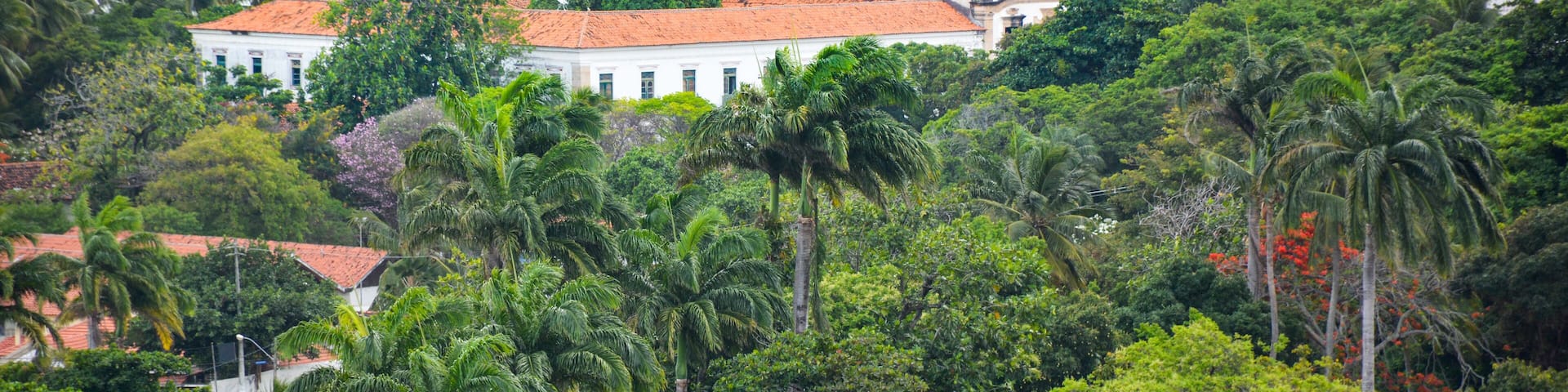 The historic architecture of Olinda in Pernambuco, Brazil with its colonial buildings and cobblestone streets at sunset.