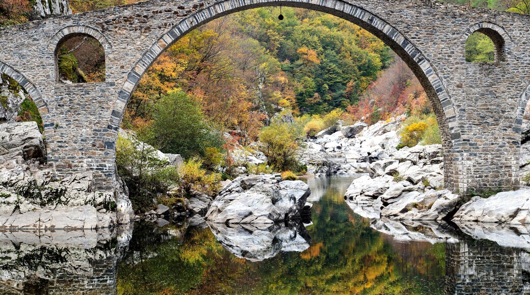 A stone bridge arching over a river with autumn foliage in the background.